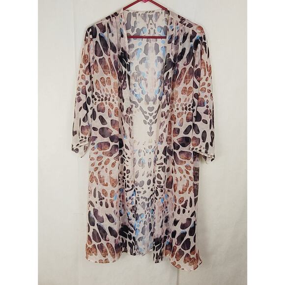 Animal print sheer kimono Size Medium brown and blue Beach cover up Boho - Picture 1 of 7